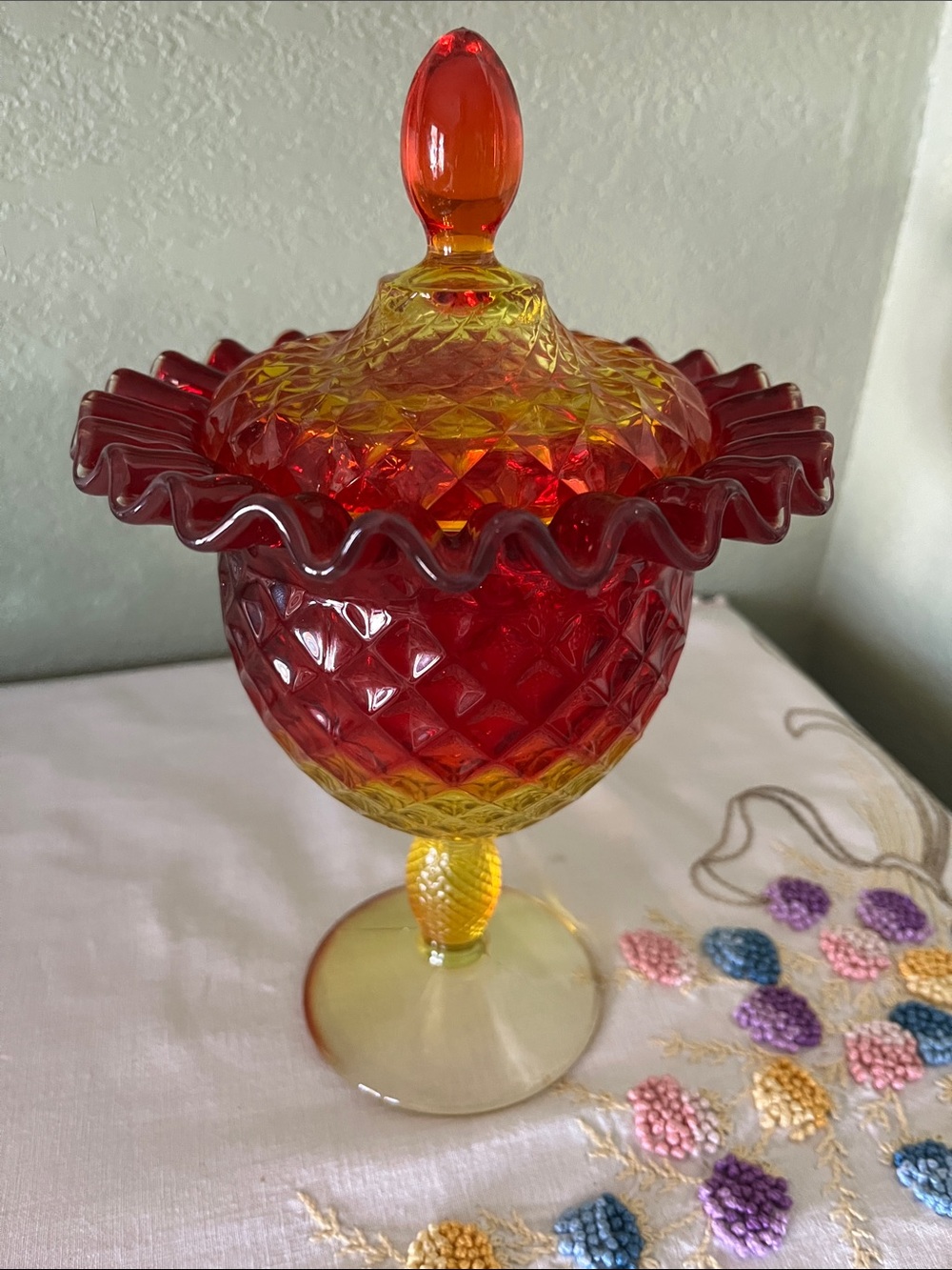 Vintage Fenton Amberina Compote Candy Dish Diamond Point Pedestal UV Reactive